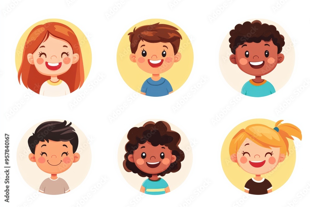 Happy kids avatars. Cute children smiling, boy girl in rounds vector set. Illustration girl and boy avatar, happy kids, child happiness Happy kids avatars. Cute children smiling, boy girl in rounds vector set. Illustration girl and boy avatar, happy kids, child happiness