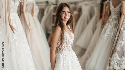 Ultra-sharp photograph of a model presenting a luxury bridal gown in a wedding boutique