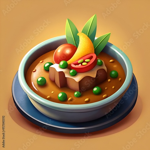 A vibrant and delicious looking bowl of curry with a meaty centerpiece. garnished with peas. tomatoes and herbs.