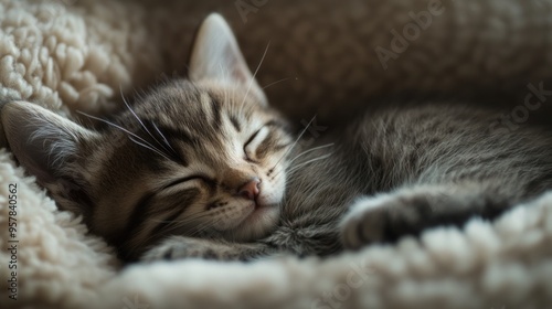 Kitten sleeping soundly, curled up in a ball, tiny nose and whiskers, soft fur and peaceful surroundings