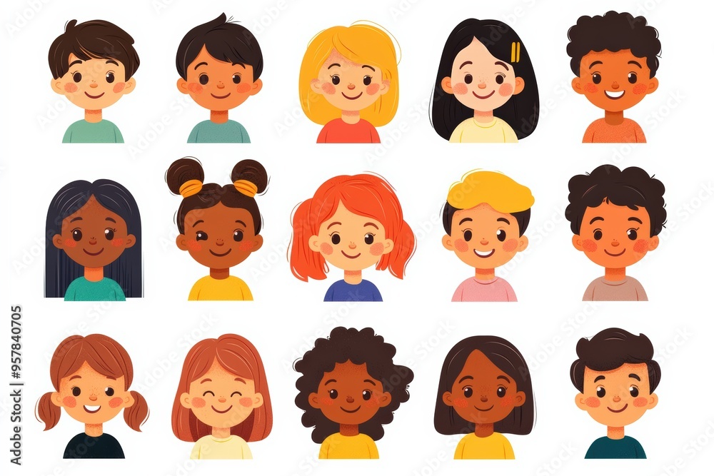 Set of children avatars. Bundle of smiling faces of boys and girls with different hairstyles, skin colors and ethnicities. Colorful flat vector illustration isolated on white background Set of children avatars. Bundle of smiling faces of boys and girls with different hairstyles, skin colors and ethnicities. Colorful flat vector illustration isolated on white background
