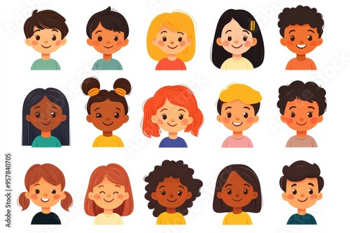 Set of children avatars. Bundle of smiling faces of boys and girls with different hairstyles, skin colors and ethnicities. Colorful flat vector illustration isolated on white background 