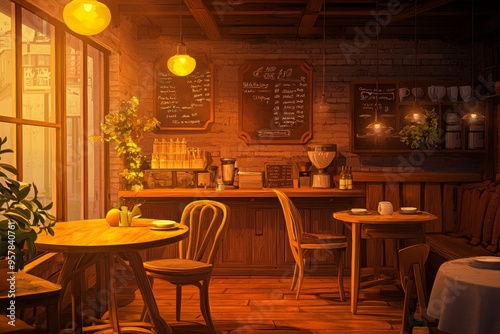 Quaint vintage café with rustic furniture and soft, warm lighting creating a cozy and inviting atmosphere. Cozy vibe, Generative AI