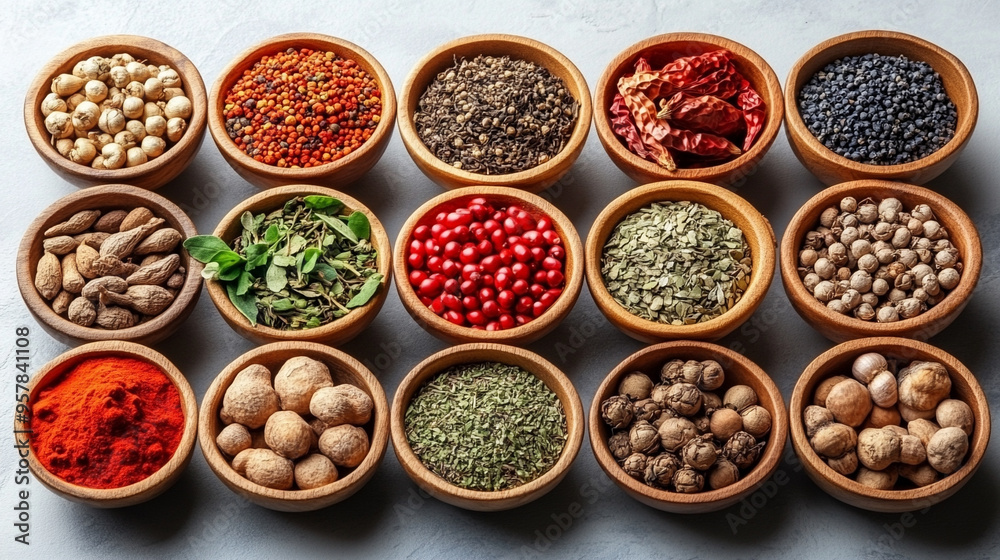 traditional Chinese herbal medicines displayed on a wooden surface. Ingredients include dried roots, leaves, and seeds, symbolizing natural healing, balance, and ancient wisdom traditional Chinese herbal medicines displayed on a wooden surface. Ingredients include dried roots, leaves, and seeds, symbolizing natural healing, balance, and ancient wisdom