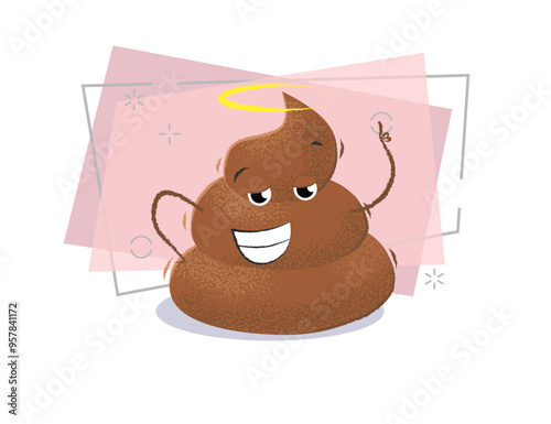 Smiling confident poop raising hand. Character, emoji, excrement. Can be used for topics like toilet, smell, humor