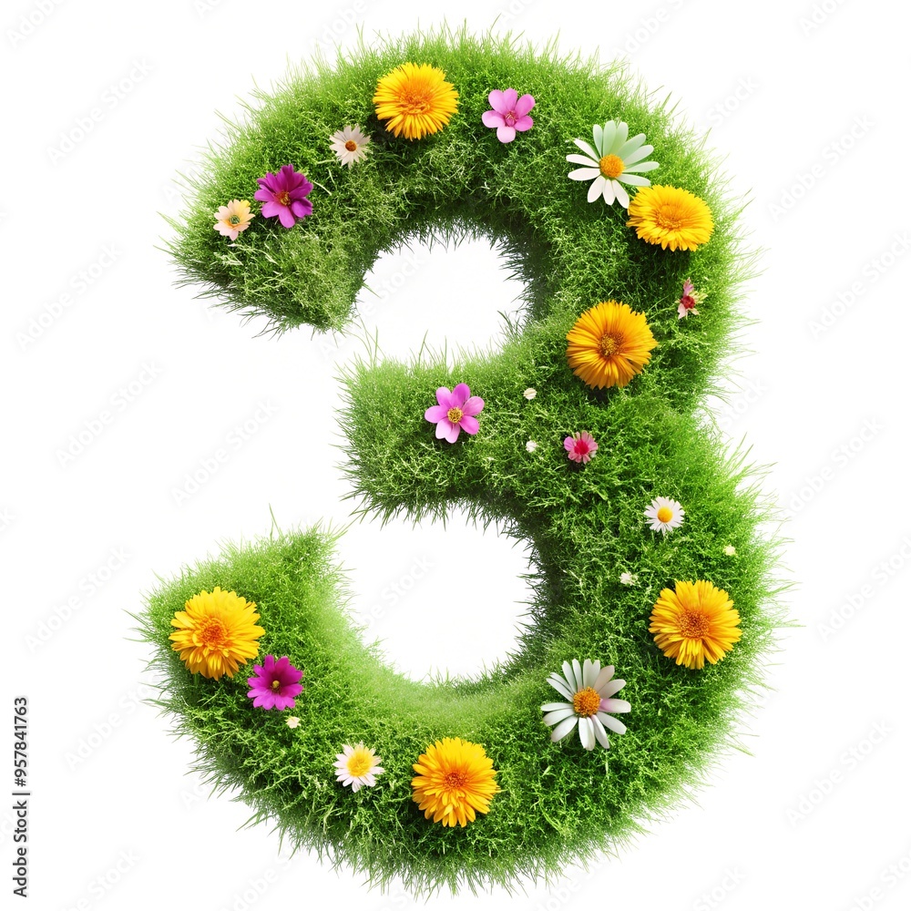 number 3 with grass and flower effect on white background. number decoration style number 3 with grass and flower effect on white background. number decoration style
