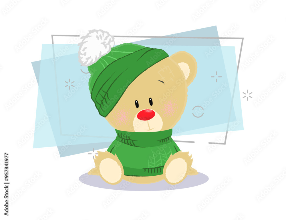 Sweet cartoon teddy bear wearing green hat and sweater. Winter concept. Vector illustration can be used for topics like winter holidays, vacation, outfit Sweet cartoon teddy bear wearing green hat and sweater. Winter concept. Vector illustration can be used for topics like winter holidays, vacation, outfit