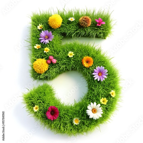 number 5 with grass and flower effect on white background. number decoration style photo