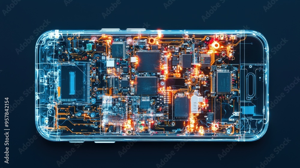 An X-ray of a smartphone revealing the internal circuitry and components An X-ray of a smartphone revealing the internal circuitry and components