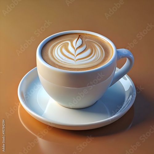 A 3D rendering of a cup of cappuccino with a delicate leaf design on top.