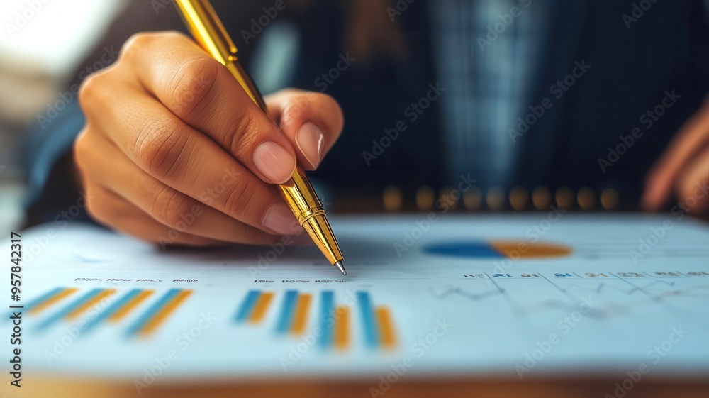 Business professional using a golden pen to sign off on a revenue growth report, symbolizing approval and confidence, revenue growth, executive decision Business professional using a golden pen to sign off on a revenue growth report, symbolizing approval and confidence, revenue growth, executive decision