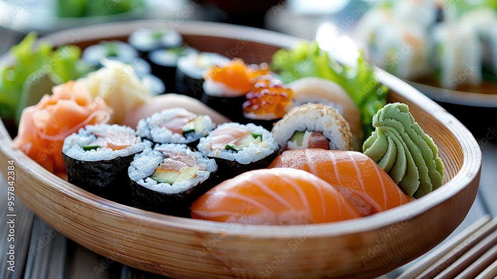 A vibrant sushi platter with wasabi and pickled ginger. A vibrant sushi platter with wasabi and pickled ginger.