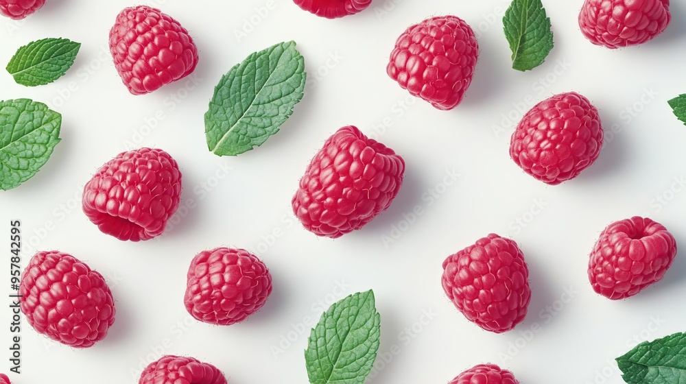 A vibrant arrangement of raspberries and mint leaves on a light background. A vibrant arrangement of raspberries and mint leaves on a light background.