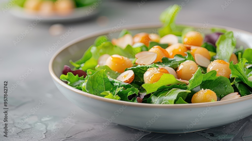 A vibrant salad with fresh lychees, mixed greens, almonds, and honey-lime vinaigrette. A vibrant salad with fresh lychees, mixed greens, almonds, and honey-lime vinaigrette.