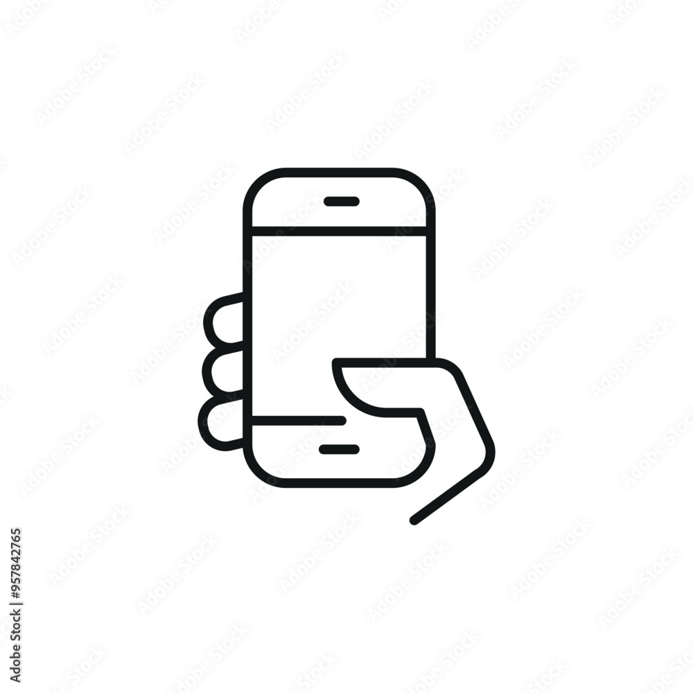Hand holding smartphone icon in a minimal line art style, representing mobile communication and technology. Perfect for app designs, tech-related projects, communication materials. Vector illustration Hand holding smartphone icon in a minimal line art style, representing mobile communication and technology. Perfect for app designs, tech-related projects, communication materials. Vector illustration