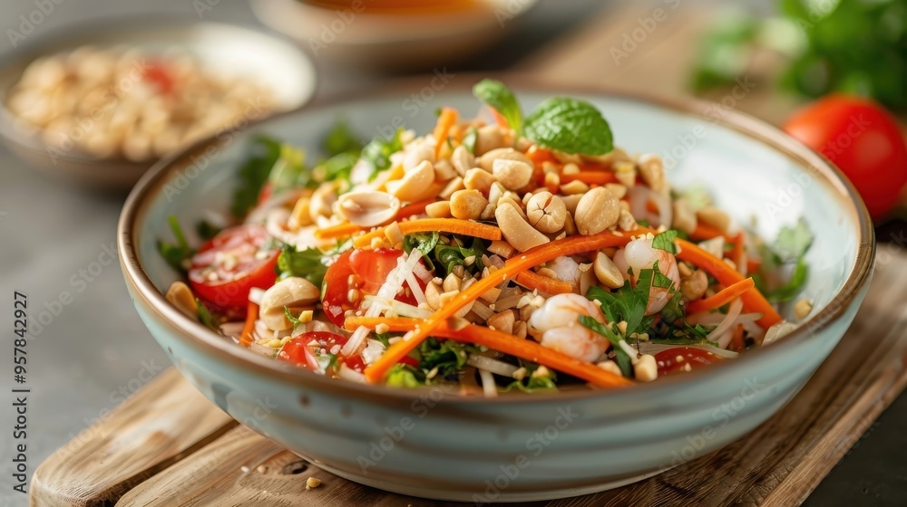 A colorful papaya salad (Som Tum) with shredded green papaya, carrots, and tomatoes. A colorful papaya salad (Som Tum) with shredded green papaya, carrots, and tomatoes.