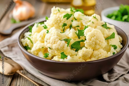 Cauliflower mashed with herbs in a bowl, Cauliflower, keto-friendly dish