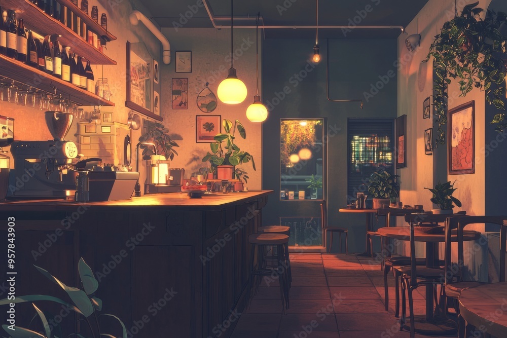 Obraz premium Retro café with comfortable seating and cozy, soft lighting that creates a warm, welcoming atmosphere. Cozy vibe, Generative AI