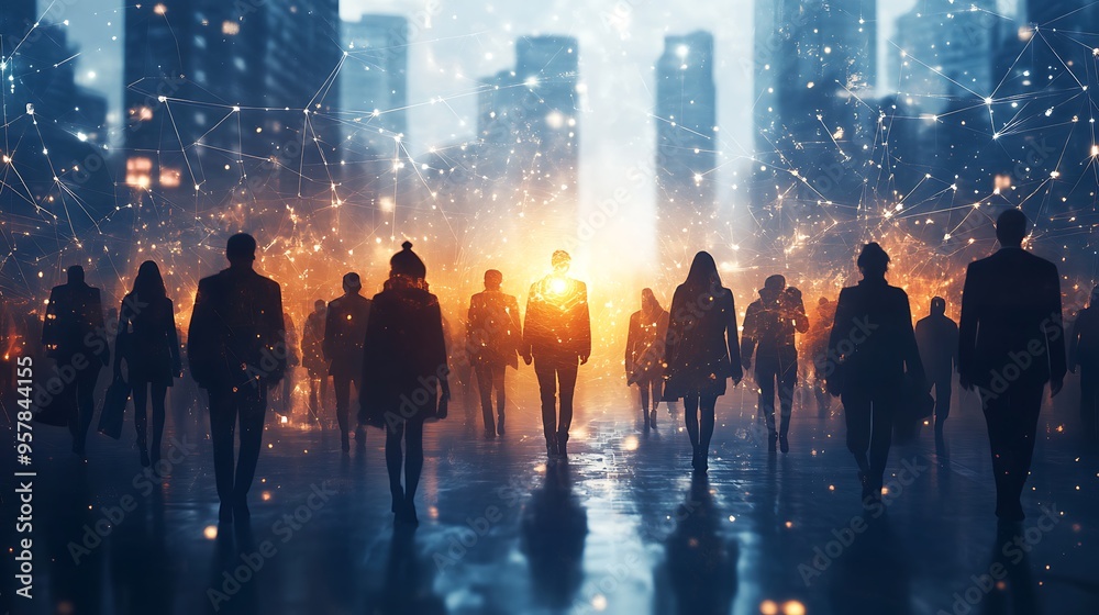 Obraz premium A central glowing digital node with people from various cultures converging towards it, each person connected by radiant lines of energy, with a dark, high-tech backdrop of swirling lights,