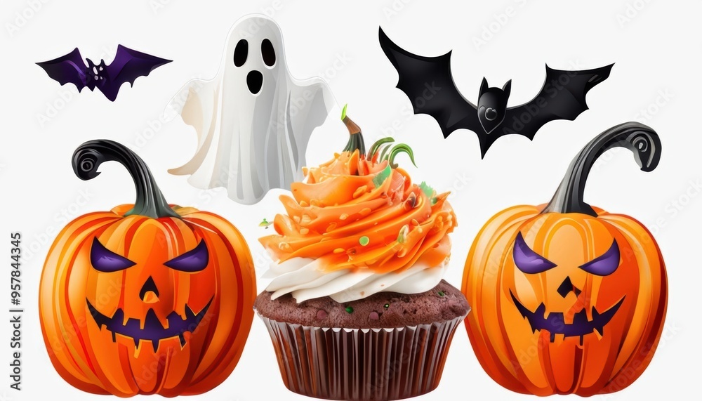 Naklejka premium A cute illustration of Halloween-themed pumpkin cupcakes and cakes with spooky decorations like ghosts, bats, and black cats, perfect for a fun and sweet holiday celebration