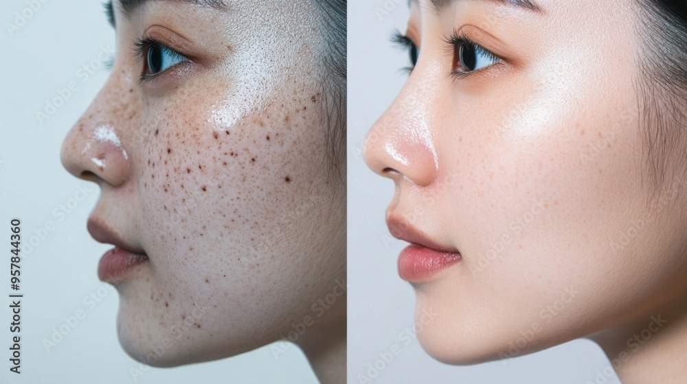 Obraz premium Photos of Asian, Korean, and Japanese women's faces showing their problematic and clean faces without blemishes, before and after photos for advertisements for skin care products and cosmetics.