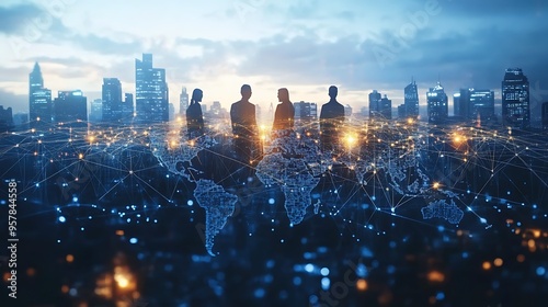 A digital bridge connecting people from various parts of the world, glowing with bright lines of connection, set against a dark, high-tech backdrop featuring global maps and data streams,