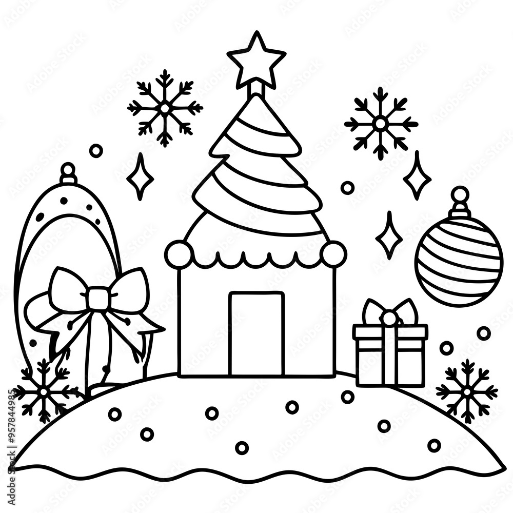 christmas tree with snowman and gifts line art vector svg christmas tree with snowman and gifts line art vector svg