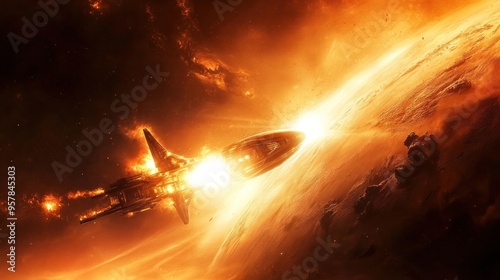Spacecraft entering a planet's atmosphere, heat shield glowing, dramatic re-entry scene, dynamic and intense