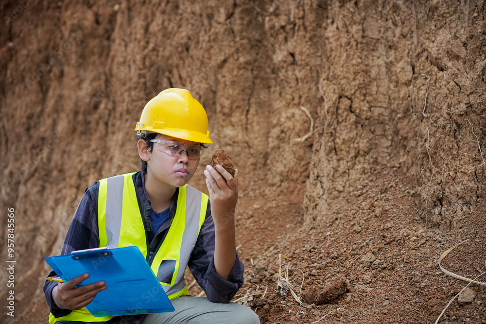 young male construction worker observing and examining the soil structure in the field and then recording it young male construction worker observing and examining the soil structure in the field and then recording it
