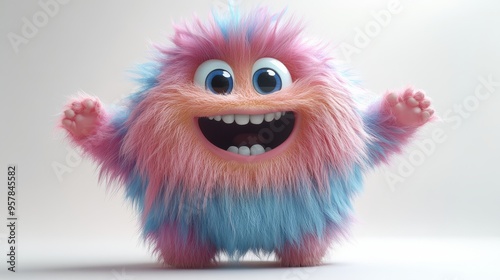 3D render of a colorful furry beast cartoon character walking or dancing isolated on a white background. Fluffy pink and blue hairy monster in an active pose.
