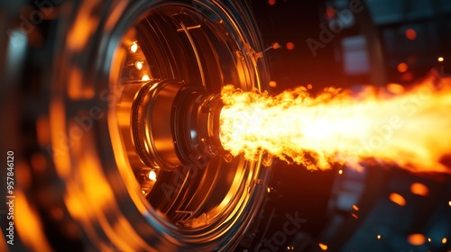 Space technology, detailed view of a propulsion system in testing, flames and intense heat, high-energy and powerful scene