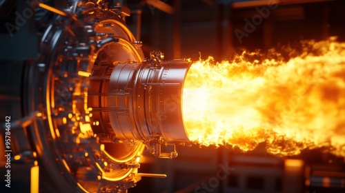 Space technology, detailed view of a propulsion system in testing, flames and intense heat, high-energy and powerful scene