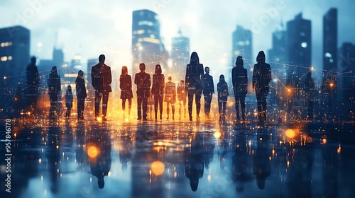 A global bridge made of light and digital elements, with diverse people standing at different points, connected by bright lines symbolizing communication, with a dark,