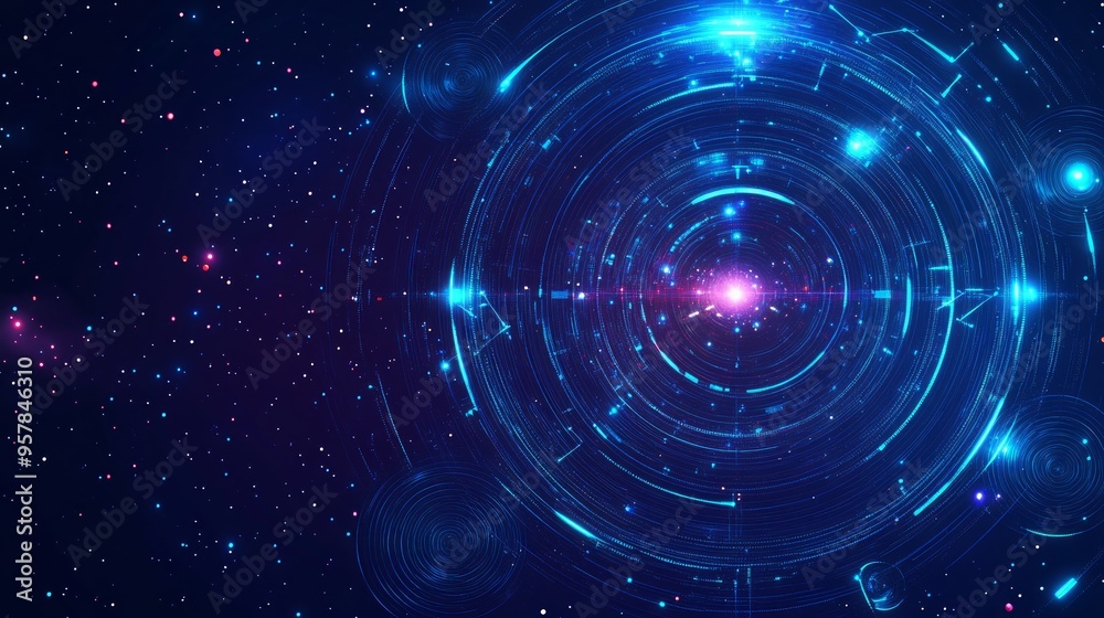Fototapeta premium Abstract image of a Orbital space station in the form of a starry sky or space, consisting of points, lines, and shapes in the form of planets, stars and the universe. Vector business concept
