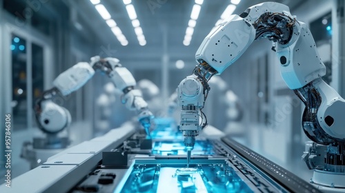 Space technology, robotic arms assembling a satellite in a clean room, precise and high-tech, focus on innovation and advancement