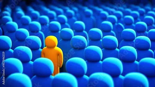A Single Orange Figure Amidst a Crowd of Blue Humanoids