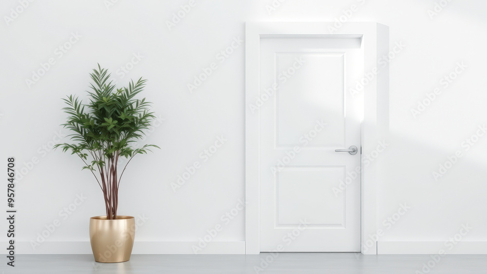 Minimalist interior with a potted plant and a white door Minimalist interior with a potted plant and a white door