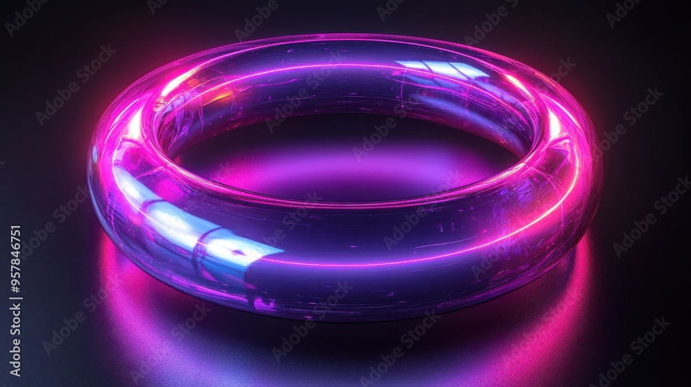 3D render of a glossy glass torus reflecting vibrant neon light, glowing in dark violet purple, isolated on a black background. 3D render of a glossy glass torus reflecting vibrant neon light, glowing in dark violet purple, isolated on a black background.