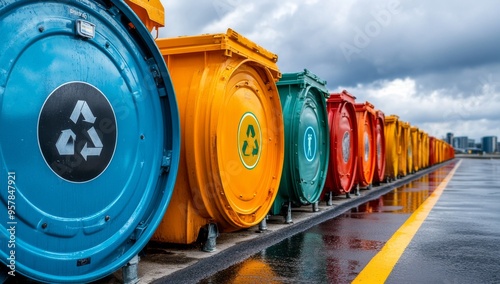 Colorful Garbage Cans with Recycling Symbols