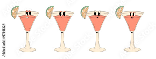 Set retro groovy characters summer cocktail. Funky alcohol beverage cosmopolitan with different emotions. Vintage vector illustration 70s, 80s style
