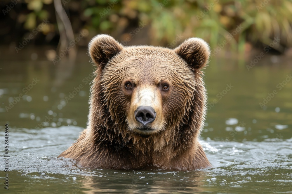 Brown Bear Emerging from Water with Intense Gaze Brown Bear Emerging from Water with Intense Gaze