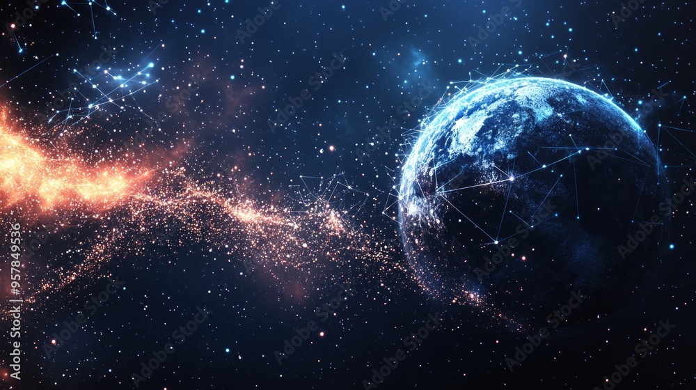 Obraz premium Abstract image of a Planet in Space in the form of a starry sky or space, consisting of points, lines, and shapes in the form of planets, stars and the universe. Vector business