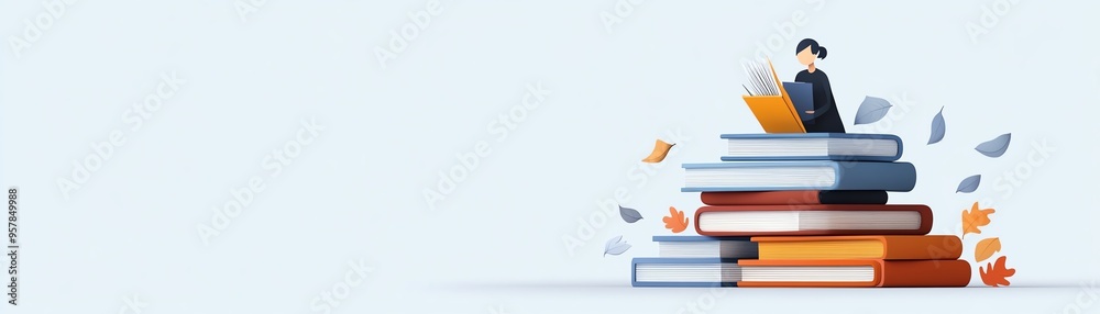 Illustration of a person reading a book atop a stack of books, surrounded by leaves. Concept of education, learning, and autumn reading. Illustration of a person reading a book atop a stack of books, surrounded by leaves. Concept of education, learning, and autumn reading.