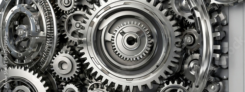 A 3D illustration featuring metallic gears, cogs, and wheels interlocked in a sleek, industrial frame with a silver and chrome finish, set against a clean white background, suitable for technology