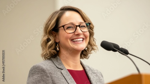 Gracious Award Recipient Gives Heartfelt Acceptance Speech to Celebrate Team s Triumph at Prestigious Awards Ceremony  The recipient stands on stage holding a trophy