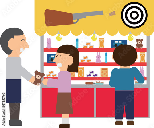 お客さんで賑わっている縁日の射的の屋台のイラスト