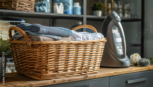 Tidy laundry room scene with wicker basket filled with neatly folded clothes, set on wooden countertop