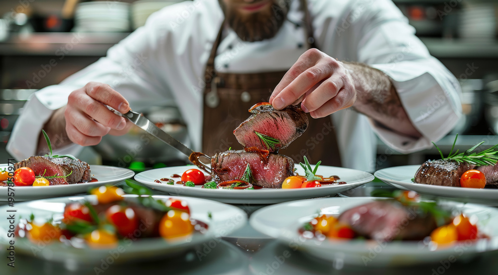 A image of a fine dining chef finishing A image of a fine dining chef finishing