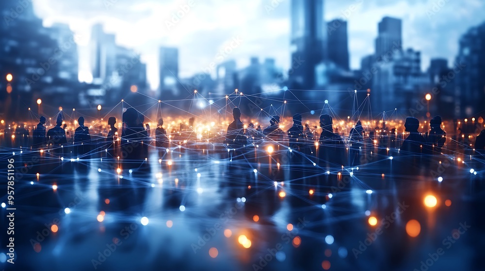 Obraz premium A central communication hub glowing with energy, linking multinational individuals through bright lines of light, set against a futuristic digital backdrop, dynamic composition, hd quality.