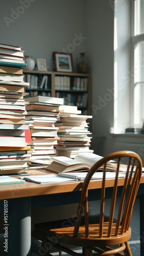 Wallpaper Mural Stack of Books and Open Book on a Wooden Table with a Wooden Chair Torontodigital.ca
